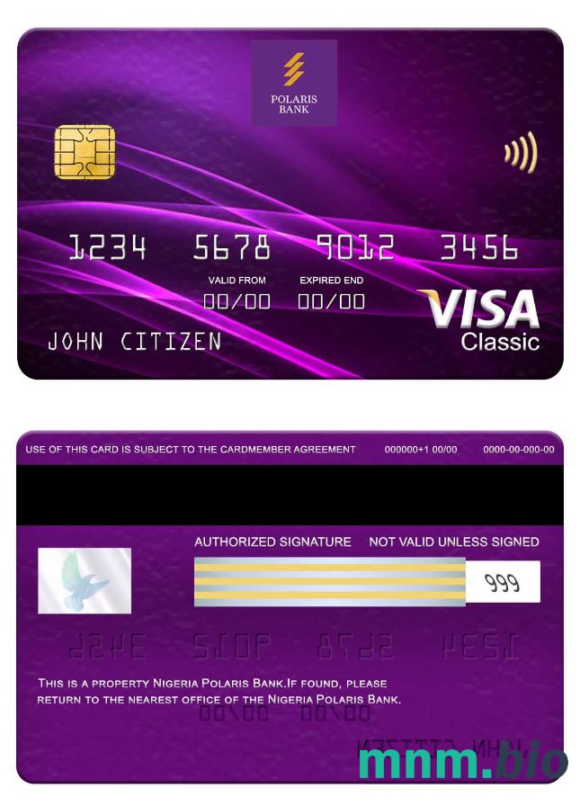 Nigeria Polaris Bank visa klasyczny karta przykład w formacie PSD
